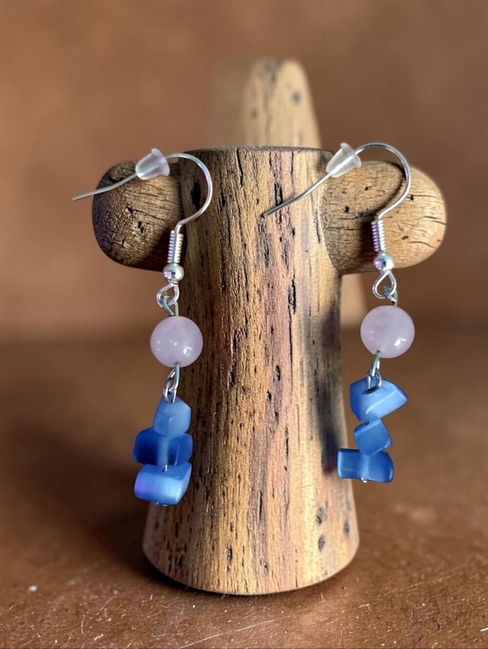 Rose Quartz and Blue Bead Dangle Earrings